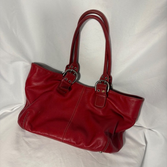 Tignanello Leather Satchel Shoulder Bag Red Exterior Pocket Silver Hardware - Picture 1 of 16